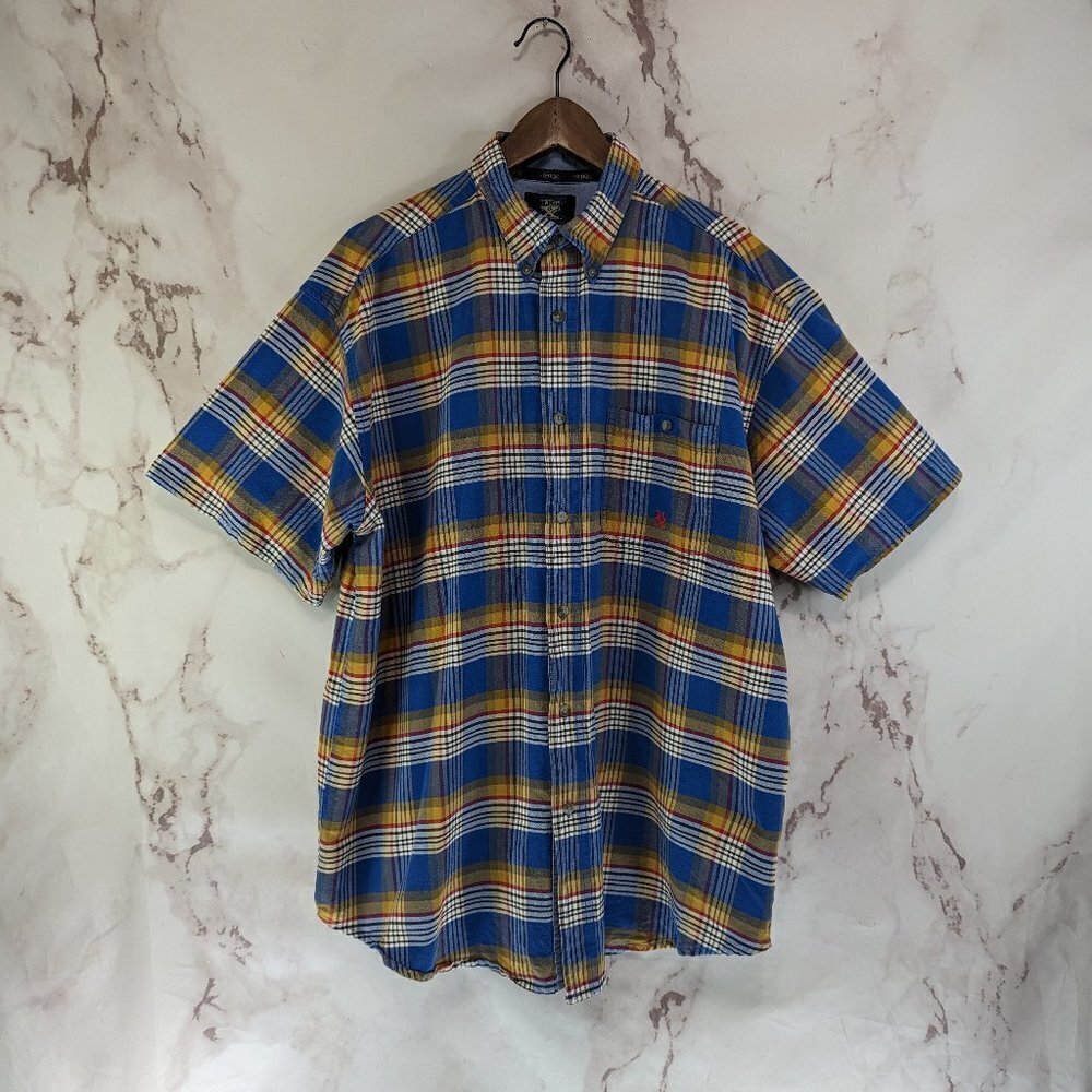 Wrangler Shirt Mens XL Blue Yellow Button Down Plaid Twenty X 20X Short Sleeve